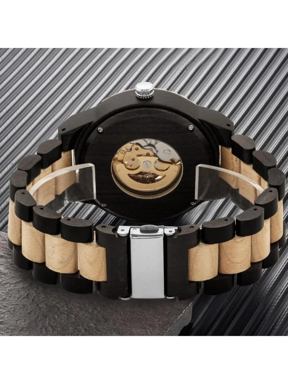Men's Black And Beige Analog No Battery Fashion Mechanical Movement Wooden Watch